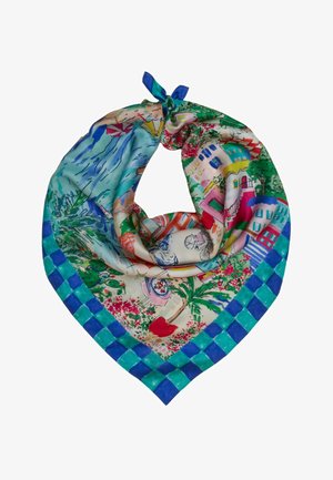 Zīda lakats ar krāsainām ilustrācijām, attēlojot mājas, kokus, velosipēdus un zilā un tirkīza krāsā rakstainu apmali.