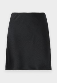 Black satin mini skirt with a smooth texture and a straight hemline, shown against a plain white background.