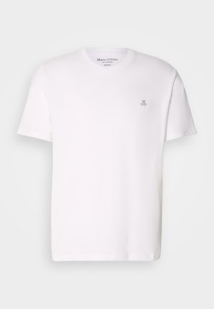 White short-sleeve t-shirt made of cotton with a round neckline and a small gray logo on the chest. Smooth texture, classic fit.