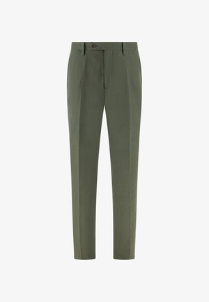 Pantalon vert olive ajusté avec plis sur le devant, passants de ceinture, fermeture à boutons et jambes fuselées.