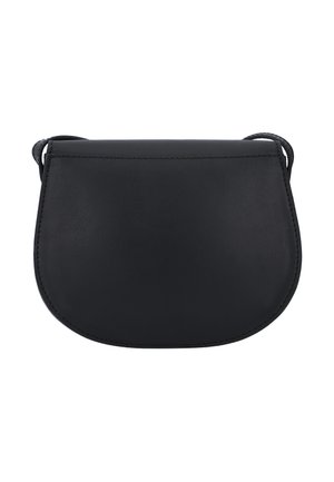 Sort læder crossover taske med en rund form, glat tekstur og enkel syning. Har en tynd rem til bæring.