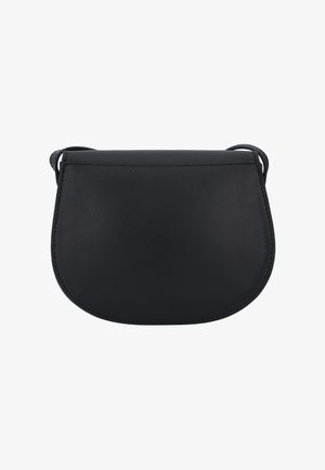 Sort læder crossover taske med en rund form, glat tekstur og enkel syning. Har en tynd rem til bæring.