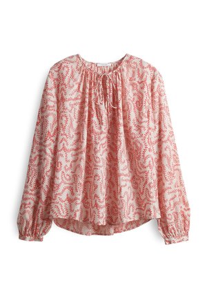 Blusa a maniche lunghe in tessuto rosa chiaro con motivo floreale rosso, caratterizzata da un colletto arricciato e dettaglio con fiocco, e polsini elasticizzati.