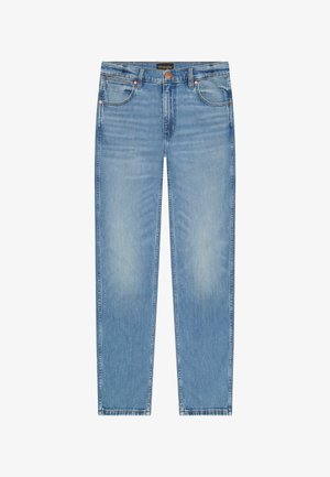 Light blue Wrangler jeans with a straight fit, front button closure, five pockets, and subtle fading on the thighs and knees.