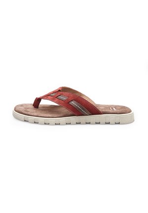 Piros süet flip-flop szandál puha barna talpbetéttel, textúrált talppal és díszes varrással a felső pántokon.