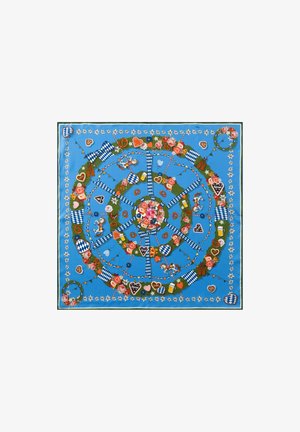 Foulard en soie carré arborant un fond bleu vif. Le design comprend des fleurs, des cœurs, des chopes de bière et des motifs à carreaux, avec des accents fantaisistes.