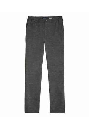 Pantalons gris avec taille élastique, en tissu légèrement texturé, dotés de deux poches latérales et d'une fermeture à bouton. Coupe droite.