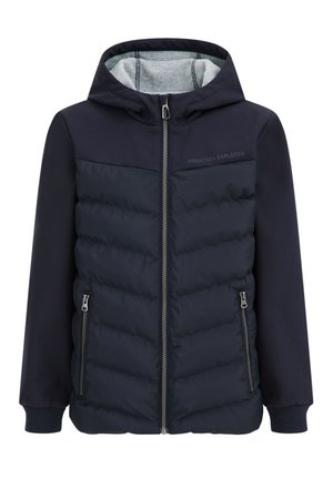 Veste matelassée bleu marine foncé avec capuche, fermeture éclair intégrale à l'avant, deux poches latérales zippées et texte "Mountain Explorer" sur la poitrine.