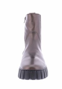 Brown leather ankle boot with a smooth finish, ribbed black rubber sole, and side zipper for easy wear. Features stitched detailing.
