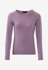 Maglione lungo a maniche con un collo rotondo di colore viola chiaro, con polsini a costine e una consistenza liscia; presenta cuciture a raglan per facilitare i movimenti.