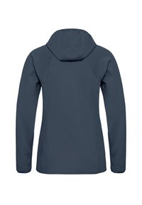 Veste bleu foncé à manches longues avec capuche, dotée d'un motif texturé et d'un design ajusté. Pas de matériel ou de poches visibles à l'arrière.