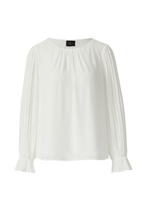 Witte blouse met lange mouwen en een ronde halslijn, voorzien van geplooide mouwen en elastische manchetten, gemaakt van een gladde stof.