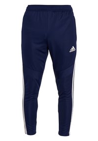 Navy athletic pants with elastic waistband, tapered design, and two white side stripes. Smooth texture with a stretchable fabric.