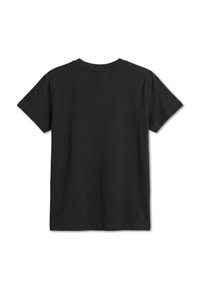 Απλό μαύρο κοντομάνικο T-shirt που φαίνεται από πίσω με στρογγυλή λαιμόκοψη σε λευκό φόντο.