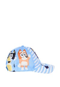 Blauer Hut mit Cartoon-Charakteren, hat einen gebogenenschirm und Streifen an den Paneelen. Hergestellt aus Stoff, entworfen für Kinder.