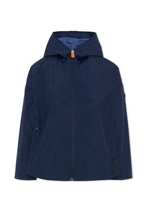 Giacca con cappuccio blu navy con chiusura a zip frontale e tasche laterali con zip. Tessuto leggero e liscio con tiretto della zip arancione.