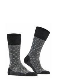 Graue gemusterte Socken mit schwarzen gerippten Bündchen. Das Design zeigt ein sechseckiges Muster in unterschiedlichen Grautönen, mit einfarbigen dunkelgrauen Fersen und Zehen.