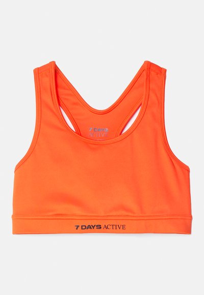 Bright orange sports bra with a smooth texture, racerback design, and contrast black "7 DAYS ACTIVE" logo at the bottom hem.