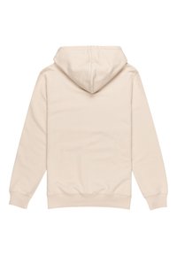 Beige hoodie with a kangaroo pocket, drawstring hood, and ribbed cuffs. Soft, textured fabric with a smooth finish and minimal seams.