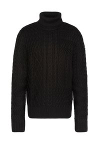 Maglione nero lavorato a maglia con collo alto a coste. Presenta un motivo testurizzato con disegni a diamante e a treccia. Maniche lunghe e polsini elastici.