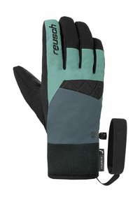 Schwarze und türkisfarbene isolierte Handschuhe mit einer überwiegend schwarzen Handfläche, strukturierten Bereichen, elastischem Handgelenksbund und einem verstellbaren Riemen.