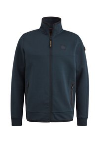 Donkerblauwe zip-up sweatshirt, gemaakt van zacht materiaal, met een hoge kraag, twee ritszakken aan de zijkanten en een logo patch op de borst.