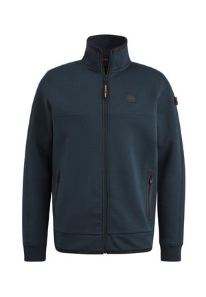 Dunkelblauer Zip-Hoodie, aus weichem Material gefertigt, mit hohem Kragen, zwei seitlichen Reißverschlusstaschen und einem Logo-Patch auf der Brust.