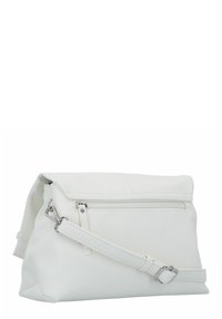 Weiße Kunstleder-Crossbody-Tasche mit einer Reißverschluss-Vorderentasche, verstellbarem Tragegurt und rechteckiger, strukturierter Form. Glatte Textur und klare Linien.