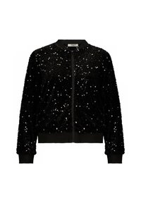 Veste bomber noire avec fermeture éclair à l'avant, fabriquée en tissu pelucheux recouvert de paillettes brillantes. Présente des poignets et un ourlet côtelés pour un bon ajustement et un confort optimal.