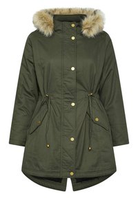 Olivgrön parkajacka med fuskmocka huva. Har guldknappar, dragsko i midjan och kontrasterande innerfoder. Rak nederkant med sidofickor.