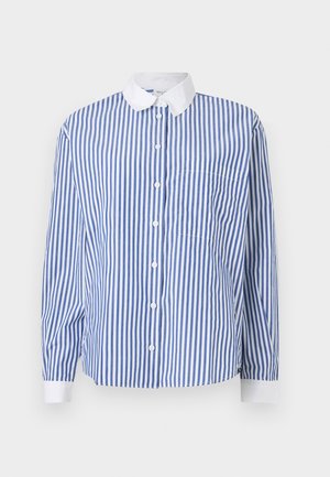 Blau-weiße gestreifte Button-up-Hemd mit einem weißen Kragen, langen Ärmeln, Tasche auf der linken Seite und einem lockeren Schnitt.
