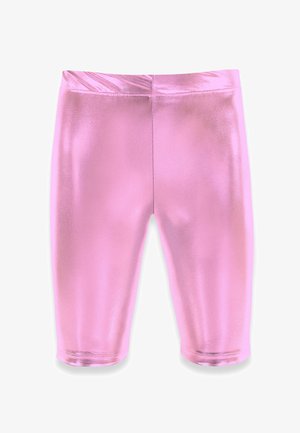 Cuissards de vélo taille haute rose métallisé brillant avec une coupe ajustée et une texture lisse.
