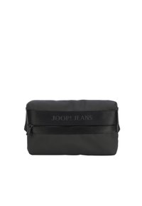 Sacchetto nero realizzato in materiale liscio con una fascia testurizzata e chiusura con zip. Presenta un logo impresso sul davanti.
