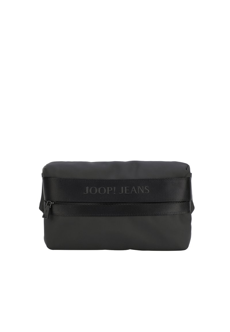 Sacchetto nero realizzato in materiale liscio con una fascia testurizzata e chiusura con zip. Presenta un logo impresso sul davanti.