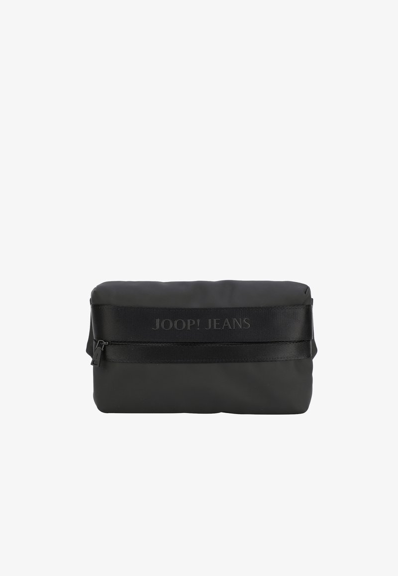 Sacchetto nero realizzato in materiale liscio con una fascia testurizzata e chiusura con zip. Presenta un logo impresso sul davanti.