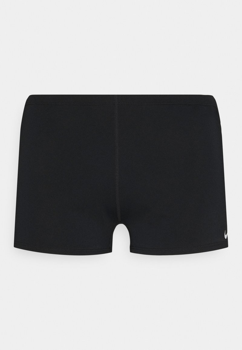 Shorts de bain noirs avec une texture lisse, une coupe courte et des coutures contrastées. Logo Nike notable sur le bas.