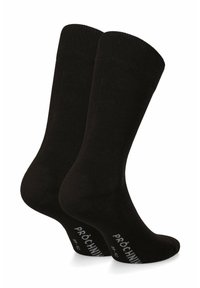 Czarne skarpetki bawełniane z prążkowanymi ściągaczami i logo nadrukowanym na podeszwach, charakteryzujące się gładką teksturą i standardowym kształtem skarpet.