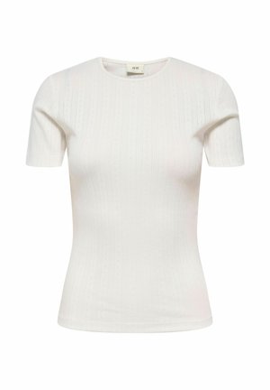 Haut blanc à manches courtes en maille côtelée avec un motif vertical subtil et un col rond, silhouette ajustée, avec une étiquette "JDY" à l'intérieur du col.