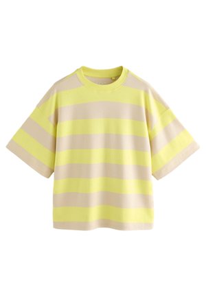 T-shirt manches courtes coupe large avec rayures horizontales alternées jaune pâle et beige, col rond.