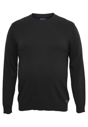 Zwart gebreid sweater met lange mouwen, ronde halslijn, geribde boorden en zoom, met een klein bruin label aan de onderzijde.
