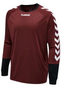 Langärmliges Sporttrikot in Bordeauxrot mit strukturiertem Muster, schwarzen Akzenten und weißen Chevron-Details an den Ärmeln. Hummel-Logo auf der Brust.