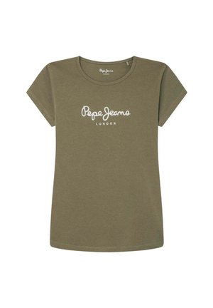Olivengrøn kortærmet T-shirt med hvid "Pepe Jeans London"-logo trykt på forsiden, rund halsudskæring og enkel syning.