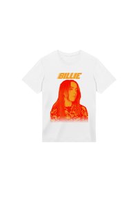 White T-shirt with orange stylized portrait of a woman wearing patterned clothing and the word "BILLIE" above her in bold orange text.