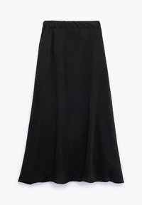 Jupe maxi noire en tissu doux, dotée d'une taille élastique et d'un design fluide. Texture lisse avec un éclat subtil.