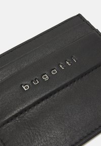 Black leather cardholder featuring embossed "bugatti" logo, smooth texture, and multiple card slots with visible stitching accents.
