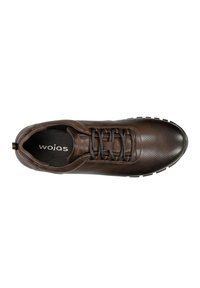 Brown leather shoe with a perforated design, featuring black laces and an orange accent. Rubber sole with a textured finish.
