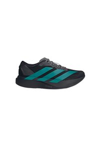 Black athletic shoe with teal stripes, lightweight design, mesh upper, and rubber sole. Features grey laces and textured accents.