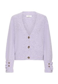 Lavendelfarbener Strickcardigan mit tiefem V-Ausschnitt, Knopfleiste und puffähnlichen Ärmeln, die dekorative Knöpfe und gerippte Bündchen aufweisen.