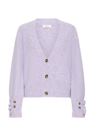 Lavendelfarbener Strickcardigan mit tiefem V-Ausschnitt, Knopfleiste und puffähnlichen Ärmeln, die dekorative Knöpfe und gerippte Bündchen aufweisen.