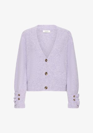 Cardigan tricoté lavande avec un décolleté en V profond, fermeture à boutons et manches bouffantes, doté de boutons décoratifs et de poignets côtelés.